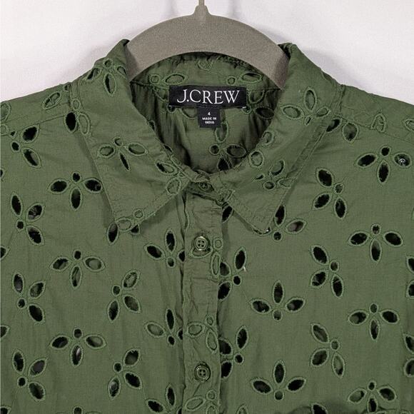 J.Crew Mozy Green Eyelet Top Sz 4 Puff Sleeve Boho Earthy Lagenlook Blouse - Picture 5 of 14